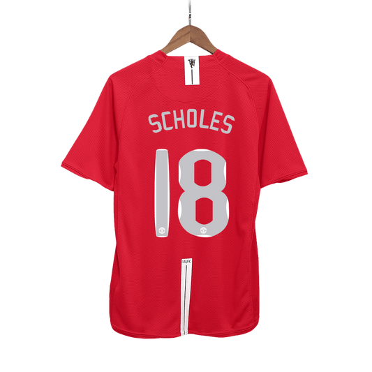 Retro SCHOLES #18 Manchester United Mens Home Soccer Jersey UCL Final UCL 2007/08 Red