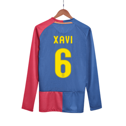 Retro XAVI #6 Barcelona Mens Home Long Sleeve Soccer Jersey UCL Final UCL 2008/09 Red&Blue