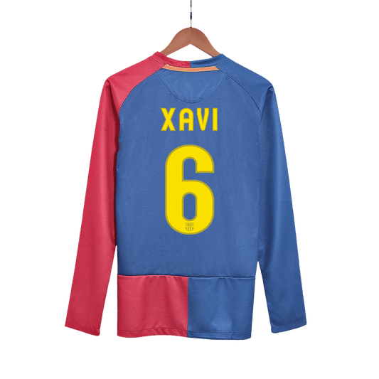 Retro XAVI #6 Barcelona Mens Home Long Sleeve Soccer Jersey UCL Final UCL 2008/09 Red&Blue