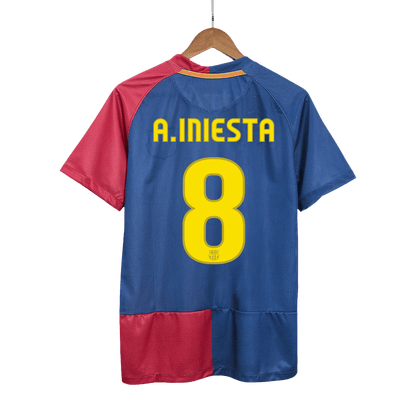 Retro A.INIESTA #8 Barcelona Mens Home Soccer Jersey UCL Final UCL 2008/09 Blue&Red