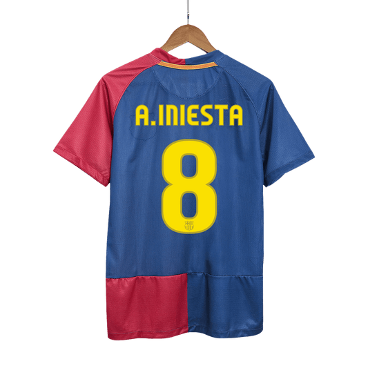 Retro A.INIESTA #8 Barcelona Mens Home Soccer Jersey UCL Final UCL 2008/09 Blue&Red