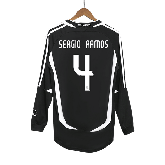 Retro SERGIO RAMOS #4 Real Madrid Mens Away Long Sleeve Soccer Jersey 2006/07 Black