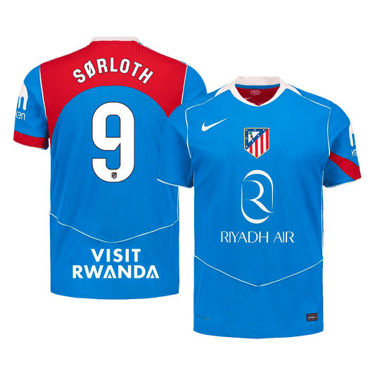 SØRLOTH #9 Atletico Madrid Mens Third Away Soccer Jersey 2025/26 Blue - Player Version