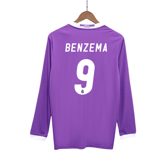 Retro BENZEMA #9 Real Madrid Mens Away Long Sleeve Soccer Jersey 2016/17 Purple