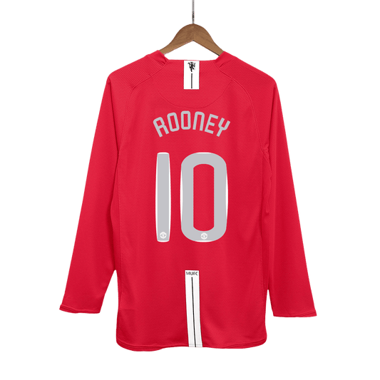 Retro ROONEY #10 Manchester United Mens Home Long Sleeve Soccer Jersey UCL Final UCL 2007/08 Red