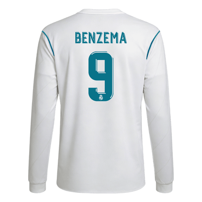 Retro BENZEMA #9 Real Madrid Mens Home Long Sleeve Soccer Jersey 2017/18 White
