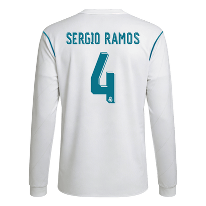 Retro SERGIO RAMOS #4 Real Madrid Mens Home Long Sleeve Soccer Jersey 2017/18 White