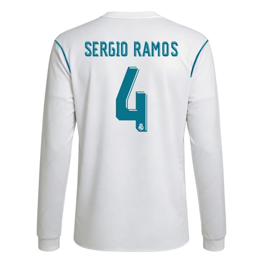 Retro SERGIO RAMOS #4 Real Madrid Mens Home Long Sleeve Soccer Jersey 2017/18 White