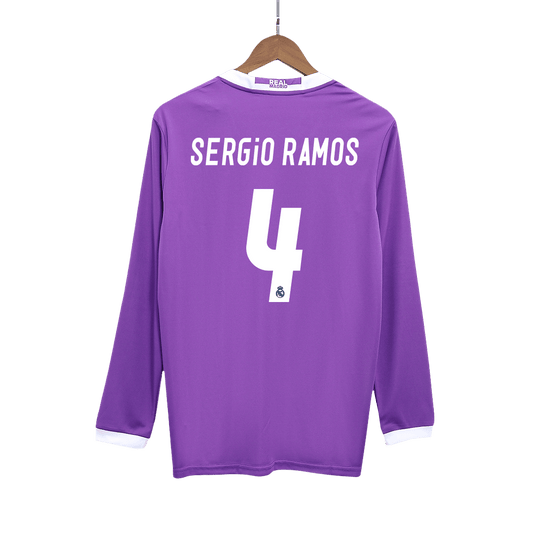 Retro SERGIO RAMOS #4 Real Madrid Mens Away Long Sleeve Soccer Jersey 2016/17 Purple