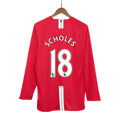 Retro SCHOLES #18 Manchester United Mens Home Long Sleeve Soccer Jersey 2007/08 Red