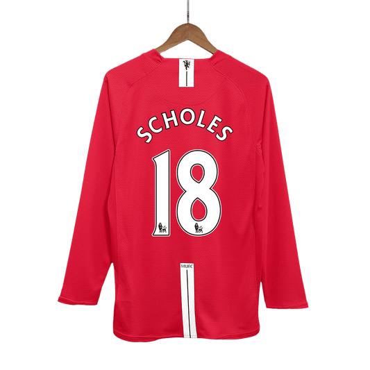 Retro SCHOLES #18 Manchester United Mens Home Long Sleeve Soccer Jersey 2007/08 Red