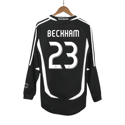 Retro BECKHAM #23 Real Madrid Mens Away Long Sleeve Soccer Jersey 2006/07 Black