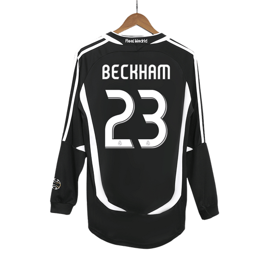 Retro BECKHAM #23 Real Madrid Mens Away Long Sleeve Soccer Jersey 2006/07 Black