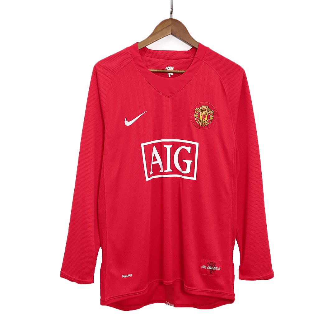 Retro SCHOLES #18 Manchester United Mens Home Long Sleeve Soccer Jersey 2007/08 Red