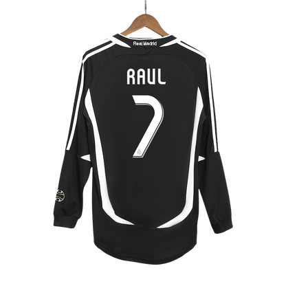 Retro RAUL #7 Real Madrid Mens Away Long Sleeve Soccer Jersey 2006/07 Black