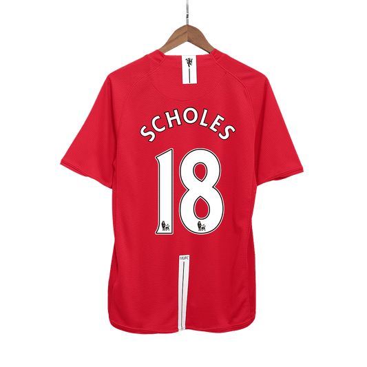 Retro SCHOLES #18 Manchester United Mens Home Soccer Jersey 2007/08 Red