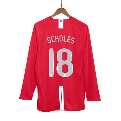 Retro SCHOLES #18 Manchester United Mens Home Long Sleeve Soccer Jersey UCL Final UCL 2007/08 Red