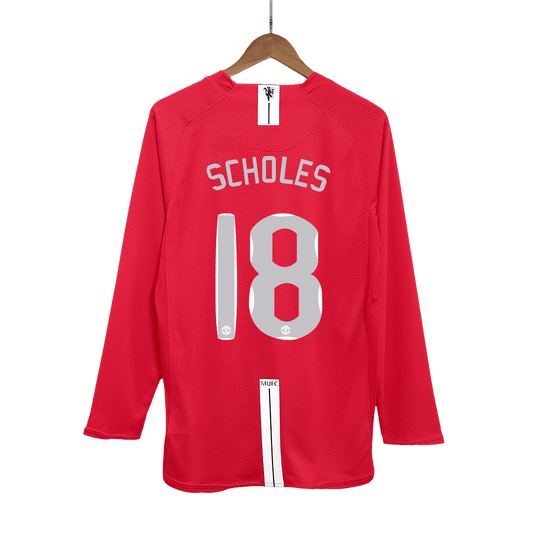 Retro SCHOLES #18 Manchester United Mens Home Long Sleeve Soccer Jersey UCL Final UCL 2007/08 Red