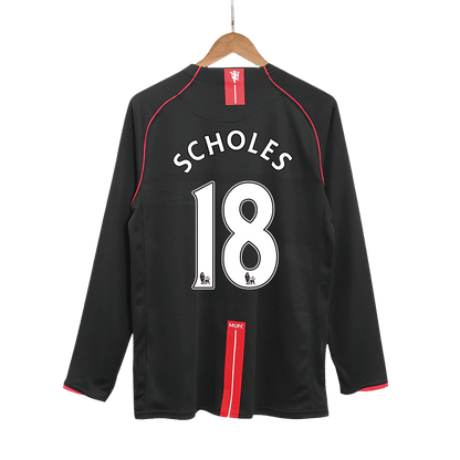 Retro SCHOLES #18 Manchester United Mens Away Long Sleeve Soccer Jersey 2007/08 Black