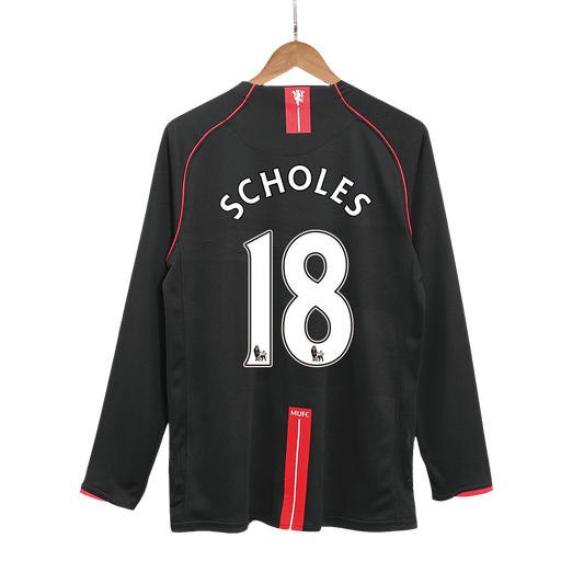 Retro SCHOLES #18 Manchester United Mens Away Long Sleeve Soccer Jersey 2007/08 Black