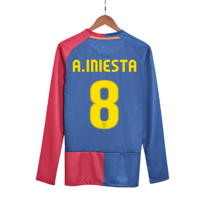 Retro A.INIESTA #8 Barcelona Mens Home Long Sleeve Soccer Jersey UCL Final UCL 2008/09 Red&Blue