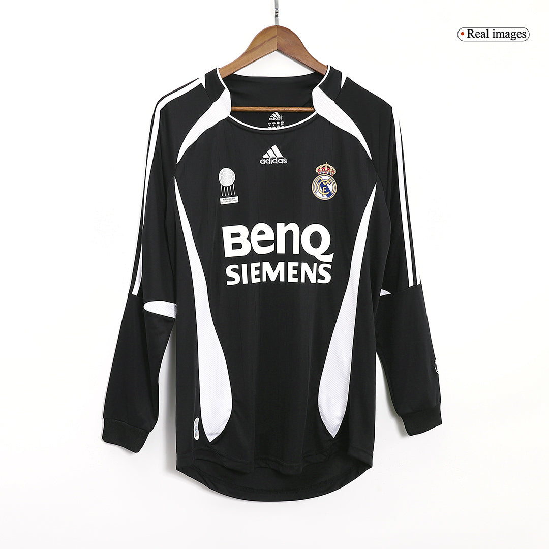 Retro RAUL #7 Real Madrid Mens Away Long Sleeve Soccer Jersey 2006/07 Black